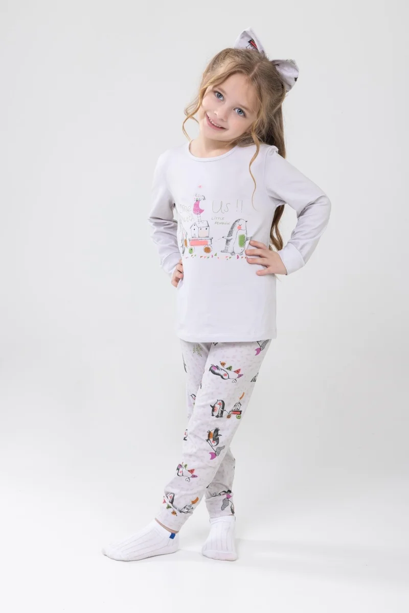 Baykar Girls Cotton Printed Crew Neck Long Sleeve Cuffed Pajama Set 9234 Cream