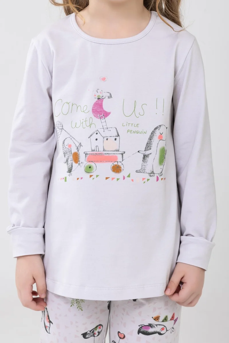 Baykar Girls Cotton Printed Crew Neck Long Sleeve Cuffed Pajama Set 9234 Cream