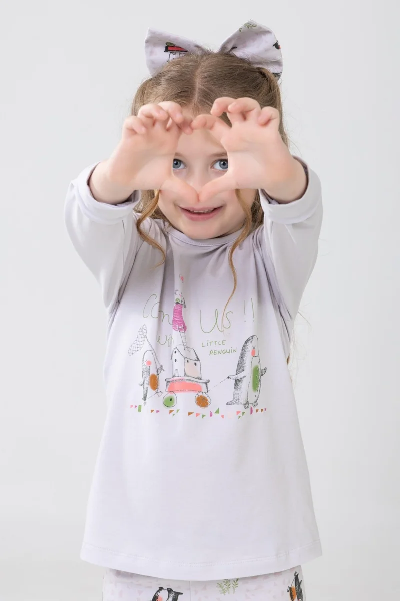 Baykar Girls Cotton Printed Crew Neck Long Sleeve Cuffed Pajama Set 9234 Cream