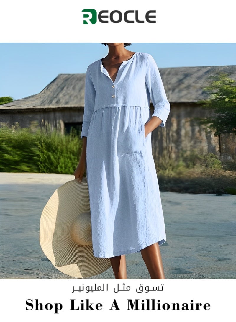 REOCLE Women's Maxi Dress Solid Loose Caftan Cotton Linen Long Dresses with Pockets Summer Flowy Beach Midi Dress - Image 1