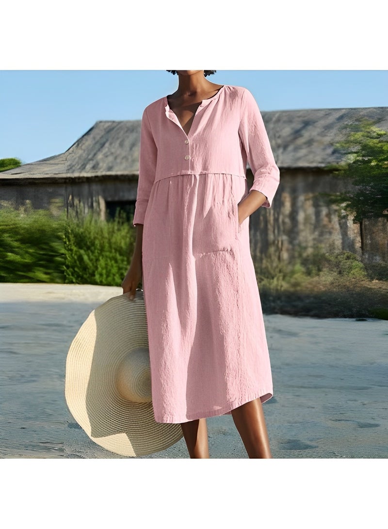 REOCLE Women's Maxi Dress Solid Loose Caftan Cotton Linen Long Dresses with Pockets Summer Flowy Beach Midi Dress - Image 3