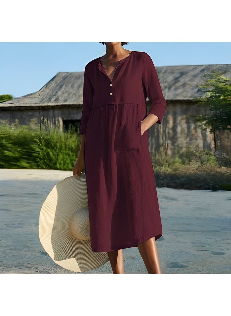 REOCLE Women's Maxi Dress Solid Loose Caftan Cotton Linen Long Dresses with Pockets Summer Flowy Beach Midi Dress - Image 4