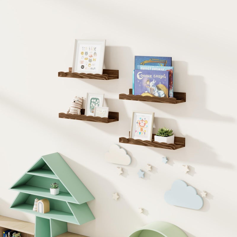 Fun Memories Picture Ledge Shelf for Wall, 16 inch Pine Wood Nursery Book Shelves Set of 4- Wall Book Shelves for Kids Room, Home Decor - Kitchen Spice-Carbonized - Image 2