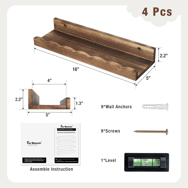 Fun Memories Picture Ledge Shelf for Wall, 16 inch Pine Wood Nursery Book Shelves Set of 4- Wall Book Shelves for Kids Room, Home Decor - Kitchen Spice-Carbonized - Image 3