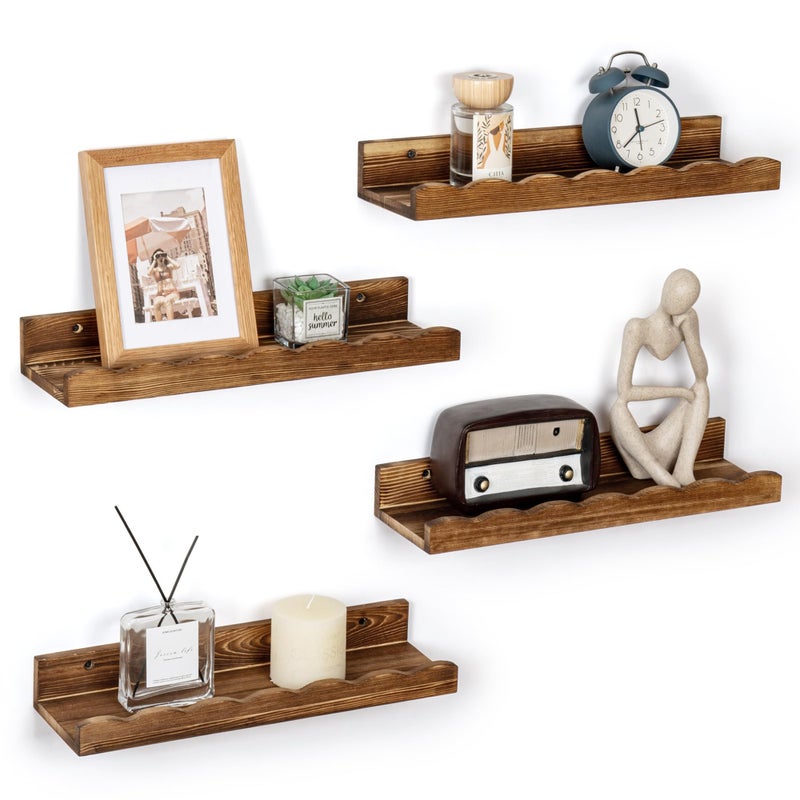 Fun Memories Picture Ledge Shelf for Wall, 16 inch Pine Wood Nursery Book Shelves Set of 4- Wall Book Shelves for Kids Room, Home Decor - Kitchen Spice-Carbonized - Image 1