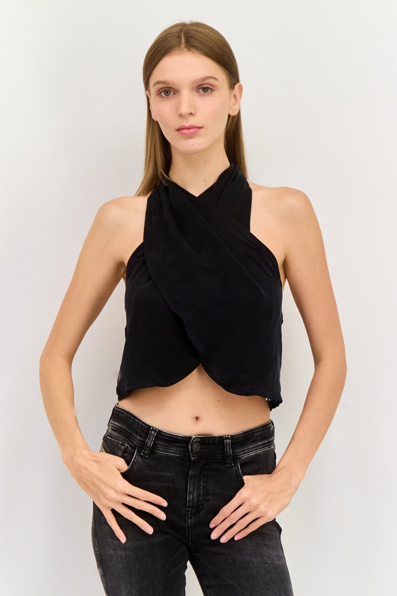 Reserved Women Halter Neck Sleeveless Solid Wrap Top, Black - Image 1