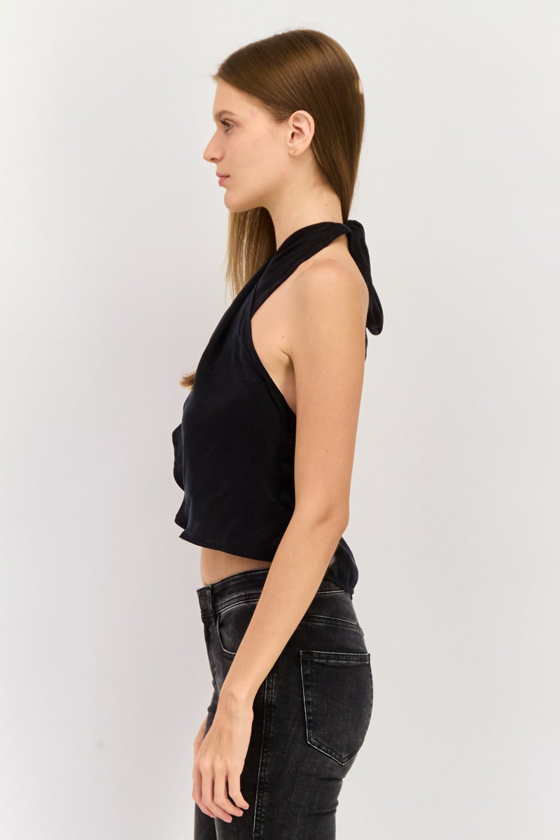 Reserved Women Halter Neck Sleeveless Solid Wrap Top, Black - Image 3