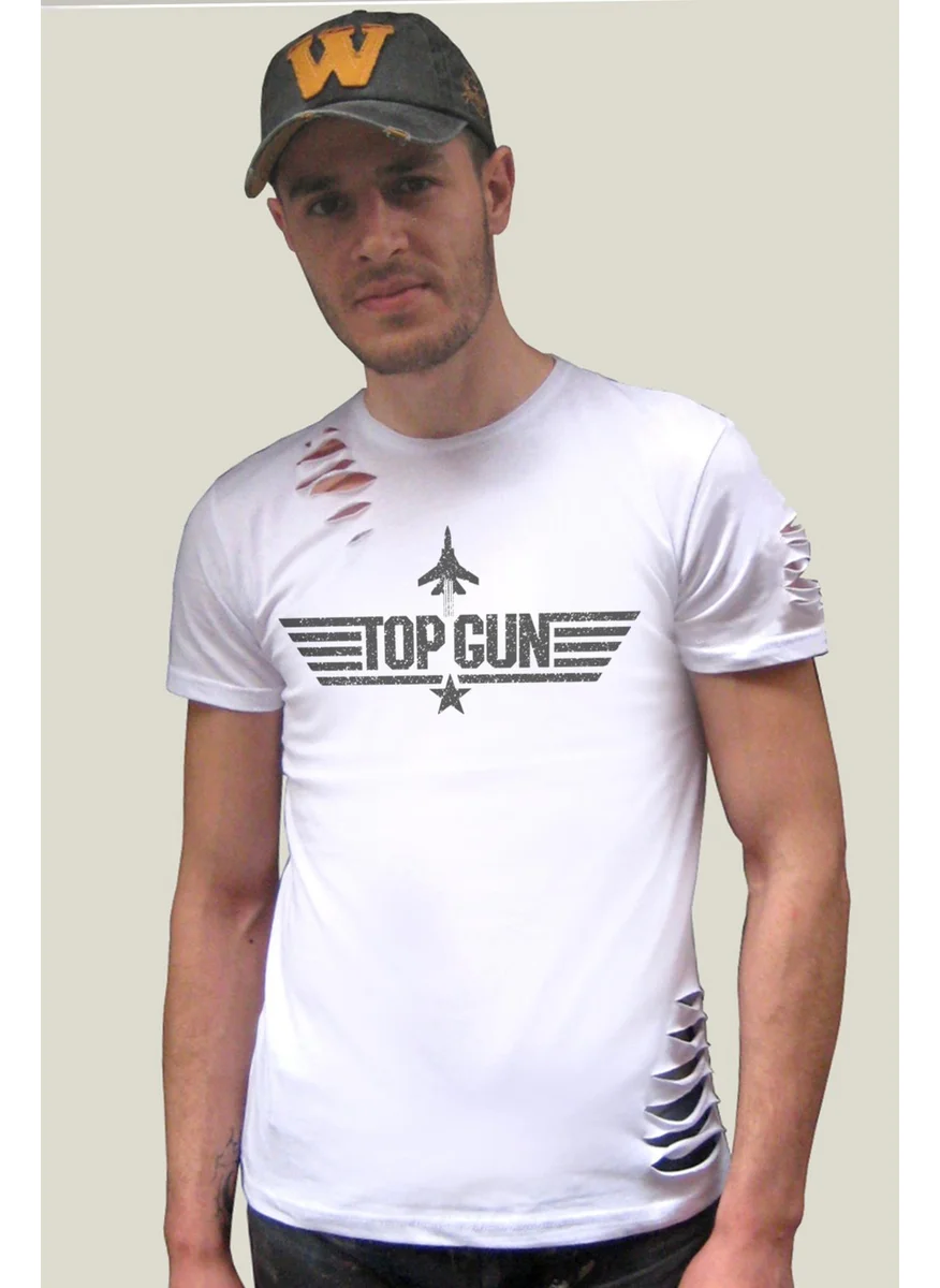 Rock&Roll Top Gun White Short Sleeve Ripped T-Shirt