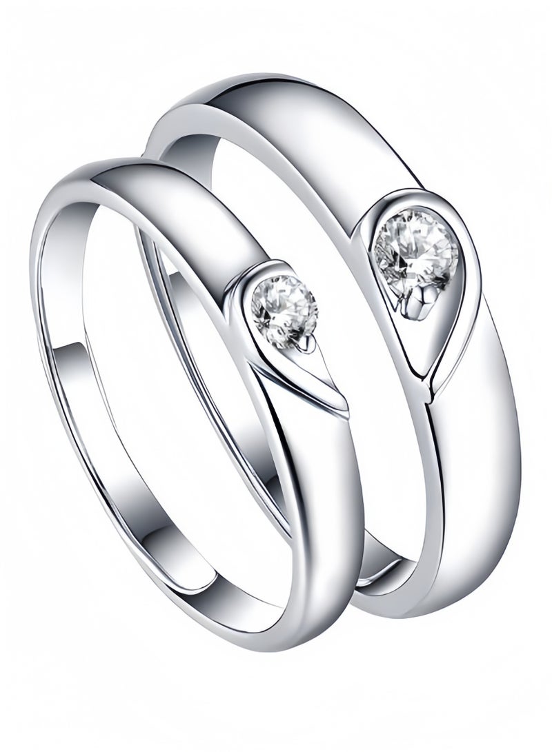 2 pieces platinum plated stainless steel zircon inlay couple rings, heart shaped pair of rings, Valentine's Day, Anniversary gift - Image 1