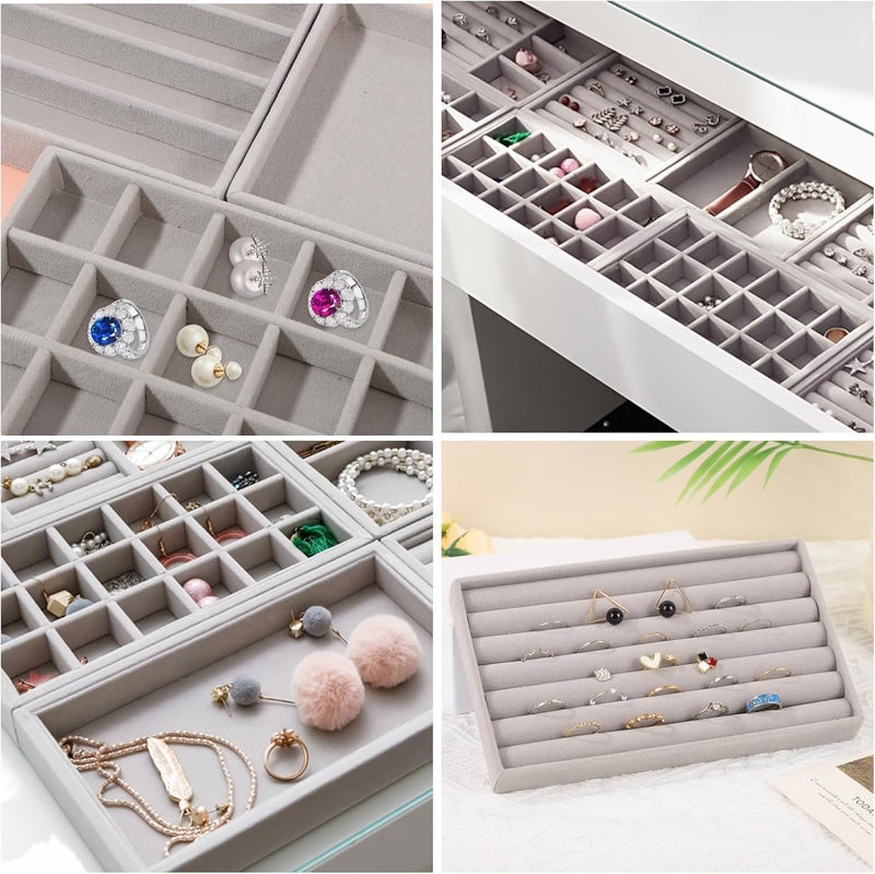 ALANX 4 Pcs Stackable Jewelry Organizer Tray,Jewelry Organizer Drawer Insert,Display Case Storage Containers, Earring Necklace Watch Bracelet Accessary Ring Trays with Removable Dividers (4, Grey) - Image 5