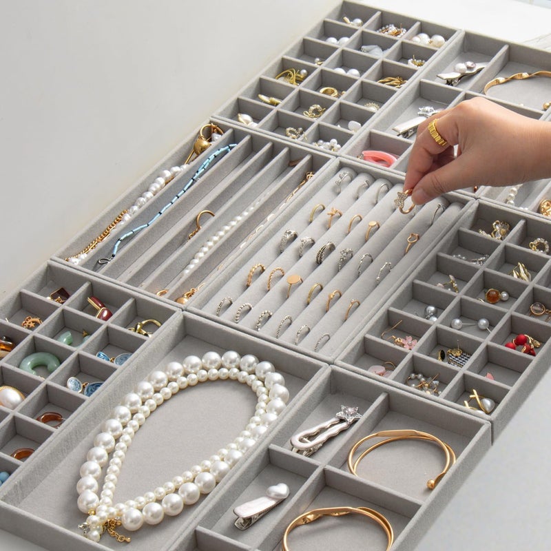 ALANX 4 Pcs Stackable Jewelry Organizer Tray,Jewelry Organizer Drawer Insert,Display Case Storage Containers, Earring Necklace Watch Bracelet Accessary Ring Trays with Removable Dividers (4, Grey) - Image 4