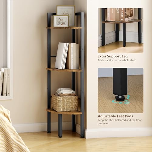 Tajsoon Small Corner Shelf Stand 3 Tier 39.6" Industrial Corner Display Shelf Shelving Unit, Corner Tables for Small Spaces, Bedroom, Living Room, Office, Kitchen, Rustic Brown - Image 5