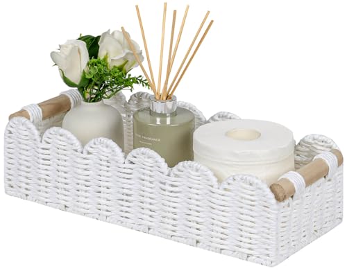 CubesLand Scalloped Edge Toilet Paper Storage Basket, Living Room Home Cozy Decor Basket, Paper Rope Small Baskets for Over Toilet Storage Shelf, End Table, Shelves, with 2 Wooden Handles, White - Image 1