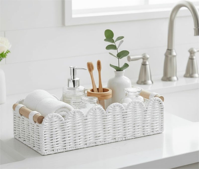 CubesLand Scalloped Edge Toilet Paper Storage Basket, Living Room Home Cozy Decor Basket, Paper Rope Small Baskets for Over Toilet Storage Shelf, End Table, Shelves, with 2 Wooden Handles, White - Image 2