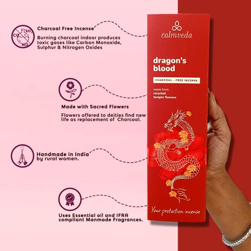 Calmveda Peru Dragons Blood Incense Sticks - (80 Scented Sticks) Charcoal Free, Made from Upcycled Flowers | Sweet, Spicy & Ambery Notes | Protection Incense Sticks for Bad Energy Cleansing (Sangre de Grado) - Image 3