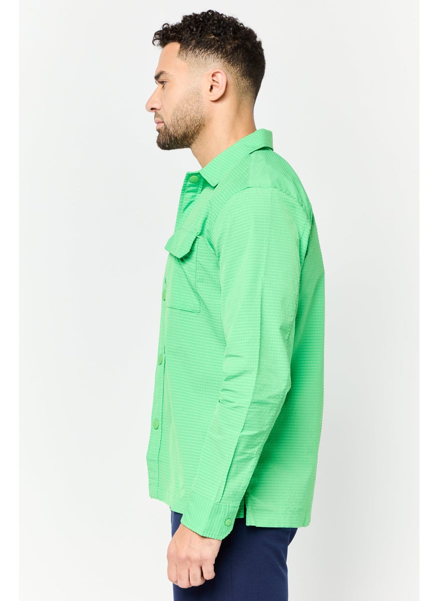 ESPRIT Men Regular Fit Textured Long Sleeve Casual Shirt, Green  - Image 3