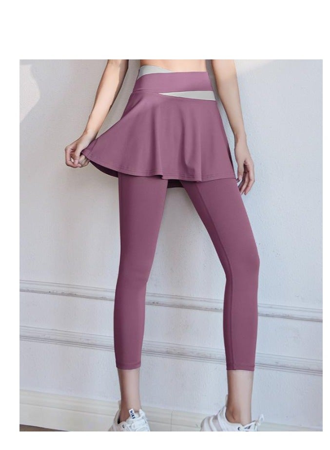 Color Blocked High Waisted Tight Fitting Anti Glare Fake Two-Piece Yoga Pants  - Image 4