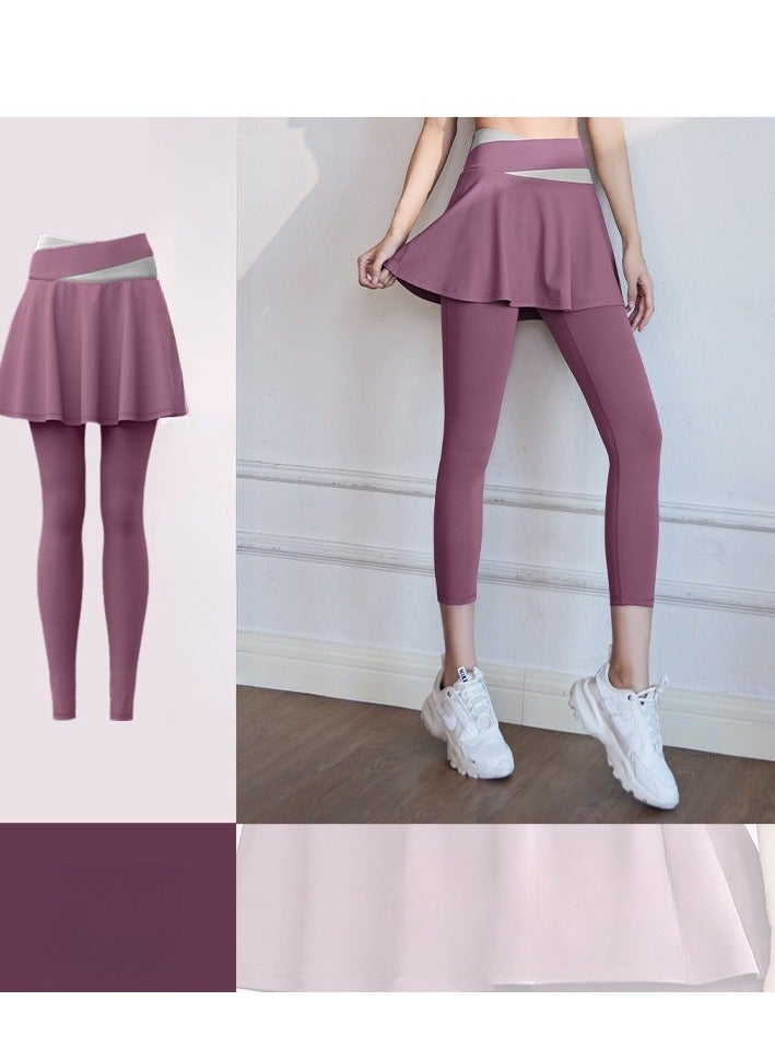Color Blocked High Waisted Tight Fitting Anti Glare Fake Two-Piece Yoga Pants  - Image 1