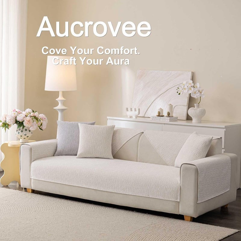 Aucrovee Soft Waterproof Chenille Sofa Cover - Washable Non-Slip Protector for 3 Cushion Couch (36"x82", White) - Image 3