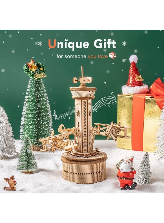 ROKR 3D Wooden Puzzle For Adults Airplane Tower Music Box - Diy Mechanical Model Building Kit 10", Gifts For Boys/Girls/Parents/Family - Image 1