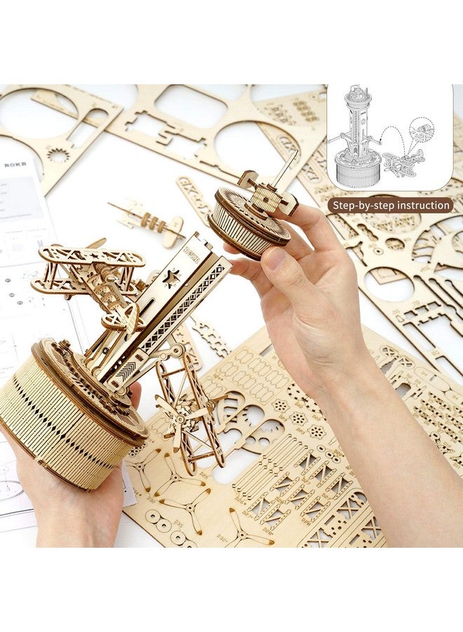 ROKR 3D Wooden Puzzle For Adults Airplane Tower Music Box - Diy Mechanical Model Building Kit 10", Gifts For Boys/Girls/Parents/Family - Image 3