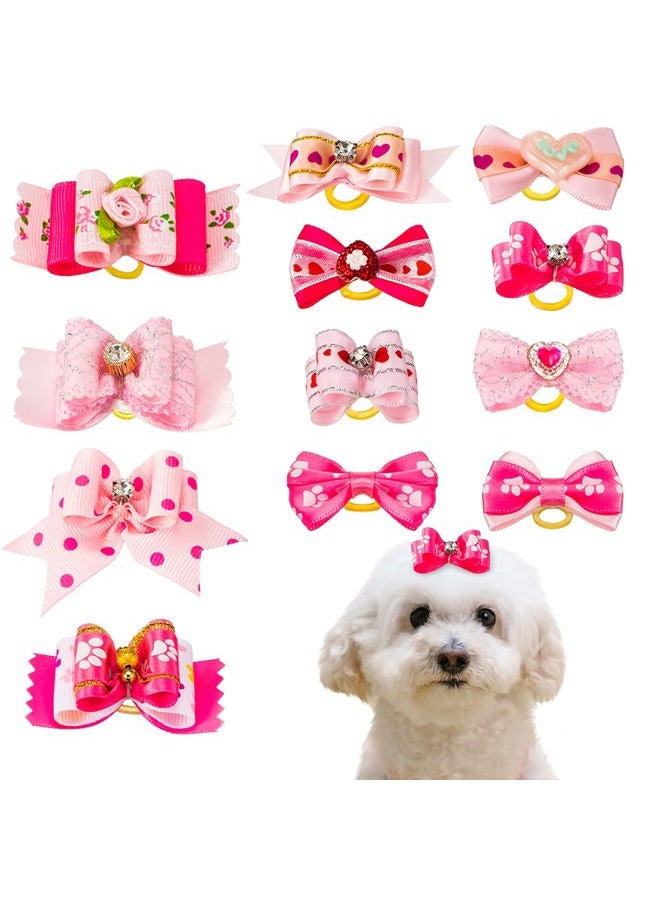 Mtlee 12 Pieces Small Dog Hair Bow Rubber Bands Cute Puppies Hair Bows Pink Doggies Cat Topknot Pet Headdress with Rhinestones Grooming Bowknot Pet Accessories for Puppy Kitten - Image 1