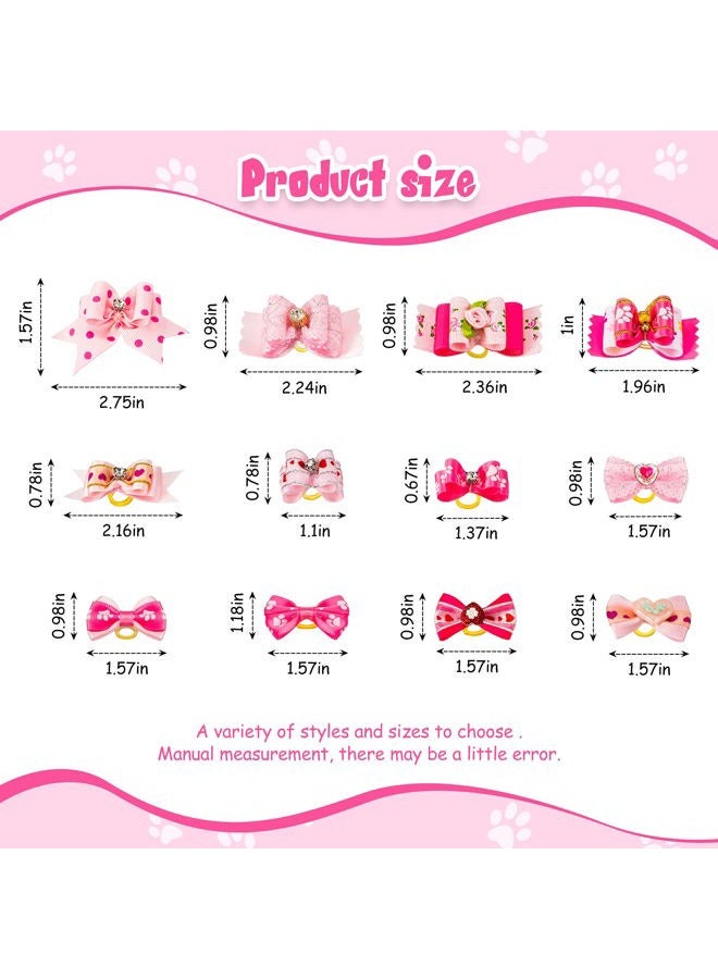 Mtlee 12 Pieces Small Dog Hair Bow Rubber Bands Cute Puppies Hair Bows Pink Doggies Cat Topknot Pet Headdress with Rhinestones Grooming Bowknot Pet Accessories for Puppy Kitten - Image 2