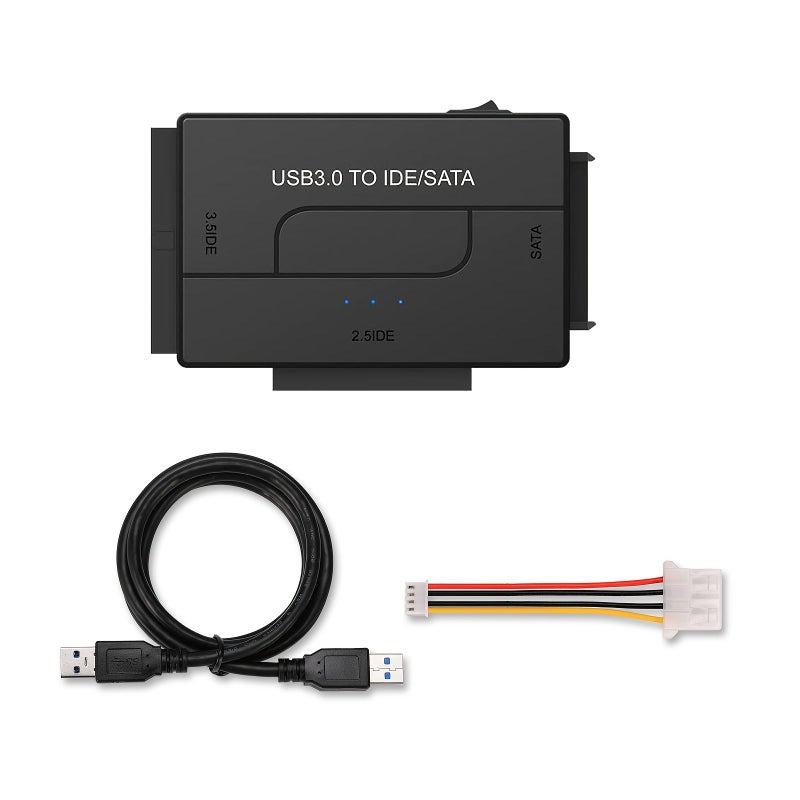 قارئ الأقراص الصلبة USB 3.0 و Type C إلى محول SATA IDE لمجموعة أدوات استرداد ونقل البيانات الداخلية المتوافقة مع أقراص 2.5 و 3.5 بوصة SATA IDE HDD SSD والأقراص الصلبة الداخلية ومشغل الأقراص الضوئية Blu-ray باللون الأسود دون محول طاقة - Image 3