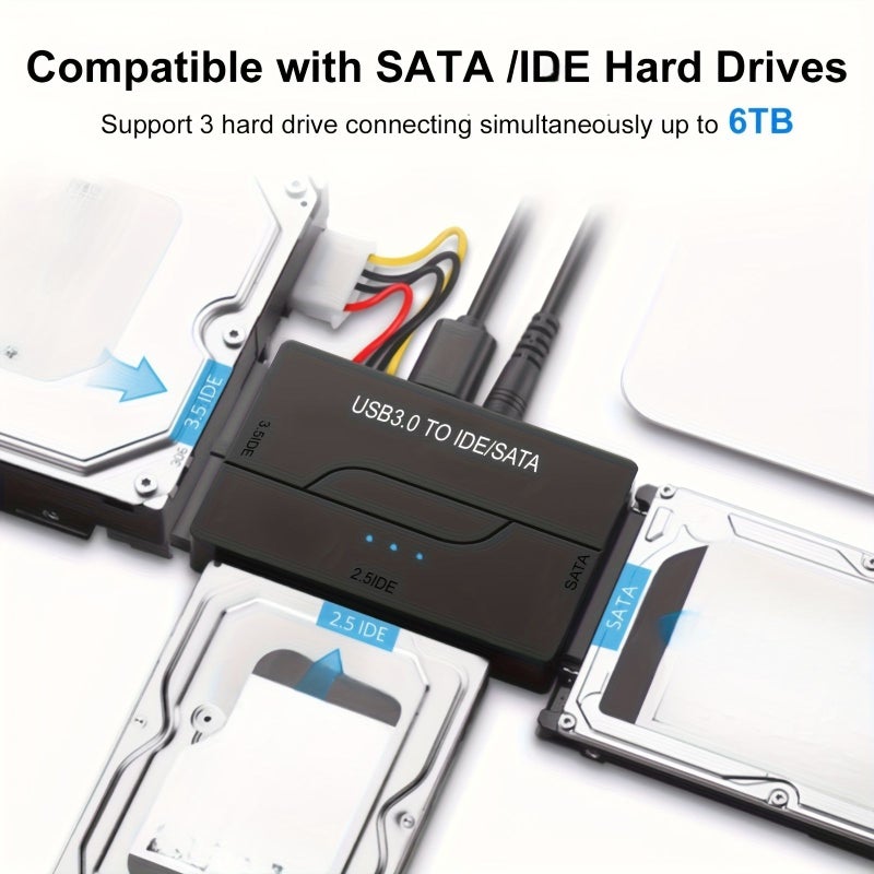 قارئ الأقراص الصلبة USB 3.0 و Type C إلى محول SATA IDE لمجموعة أدوات استرداد ونقل البيانات الداخلية المتوافقة مع أقراص 2.5 و 3.5 بوصة SATA IDE HDD SSD والأقراص الصلبة الداخلية ومشغل الأقراص الضوئية Blu-ray باللون الأسود دون محول طاقة - Image 1