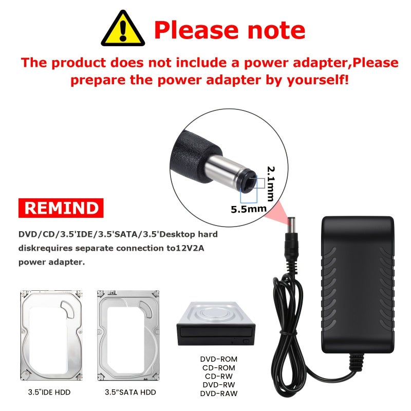 قارئ الأقراص الصلبة USB 3.0 و Type C إلى محول SATA IDE لمجموعة أدوات استرداد ونقل البيانات الداخلية المتوافقة مع أقراص 2.5 و 3.5 بوصة SATA IDE HDD SSD والأقراص الصلبة الداخلية ومشغل الأقراص الضوئية Blu-ray باللون الأسود دون محول طاقة - Image 4