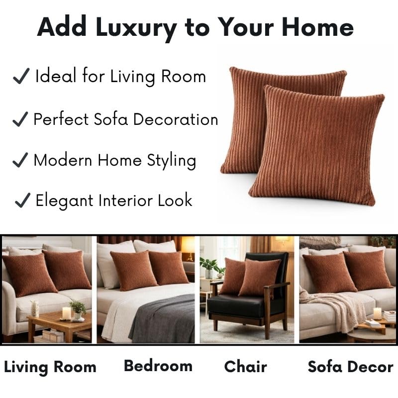 RD TREND® Cushion Cover Set of 2, Decorative Sofa Living Room Home Square Cushion Covers 24 Inch x 24 Inch, Aesthetic Corduroy Striped Double Sided (Coffee) - Image 3