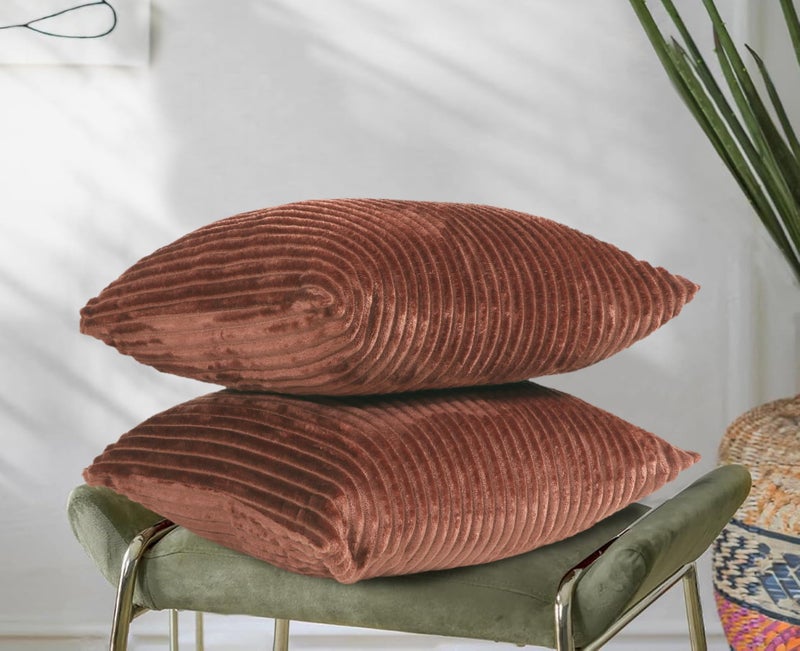 RD TREND® Cushion Cover Set of 2, Decorative Sofa Living Room Home Square Cushion Covers 24 Inch x 24 Inch, Aesthetic Corduroy Striped Double Sided (Coffee) - Image 1