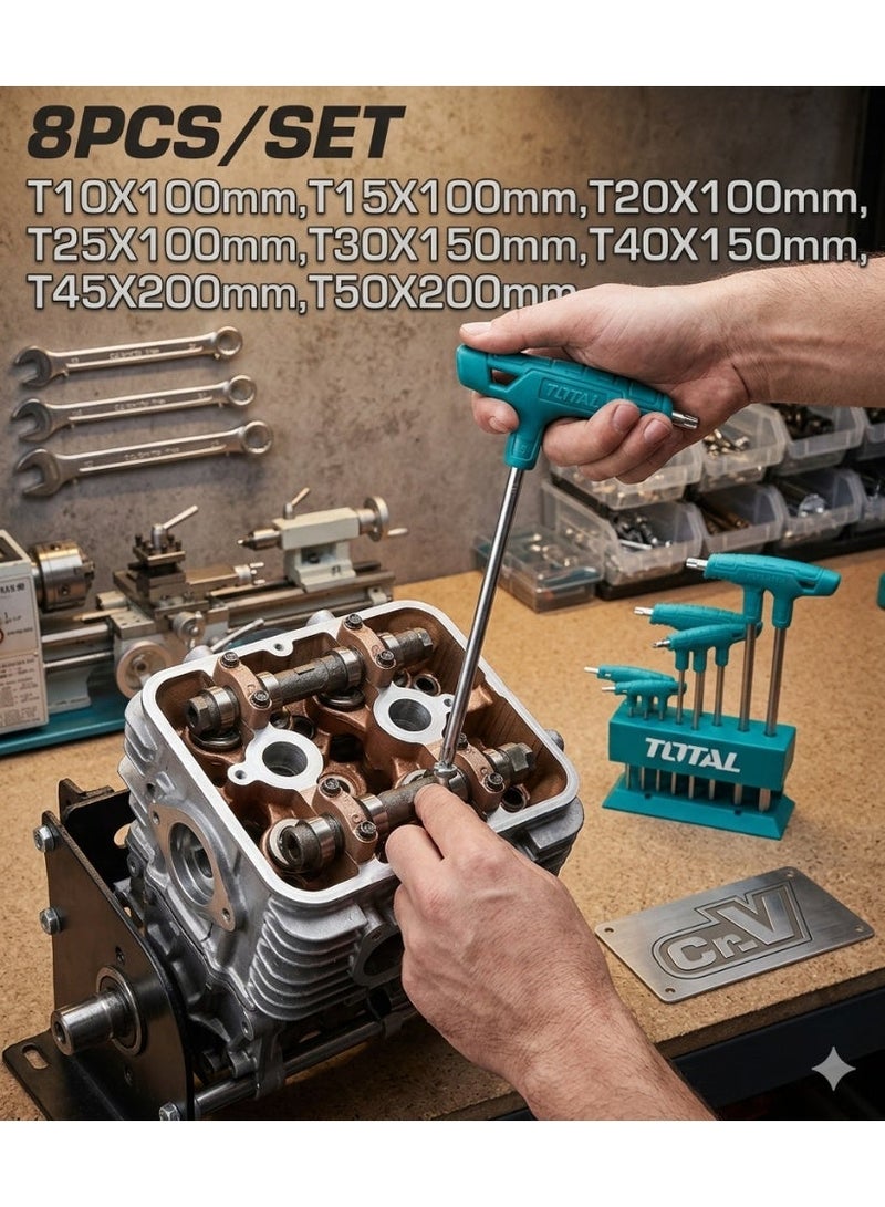 TOTAL 8 Pcs T-Handle Torx Key Set THHW80836 – CR-V Star Key Wrench Set with Chrome Finish & Storage Rack - Image 2