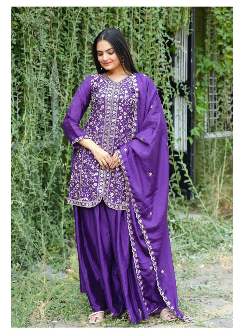 Super Asian Exquisite Chinnon Embroidered Sharara Set with Sequence Work and Dupatta  - Image 1