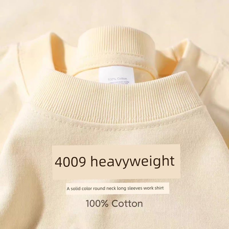 Pure cotton 400g heavyweight milk tea color round neck long-sleeved t-shirt autumn and winter thick inner layer base shirt for men and women - Image 1