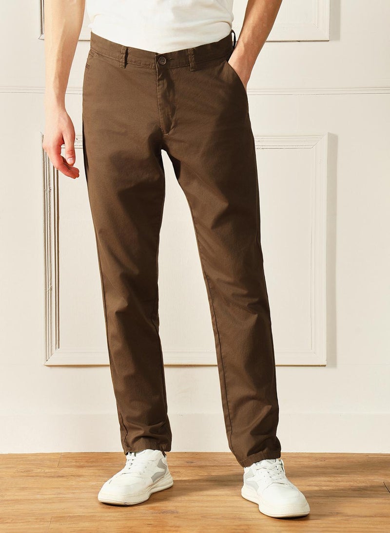 Dennis Lingo Men's Dark Khaki 100% Cotton Solid Pattern Full Length Chinos Slim Fit Trouser  - Image 2
