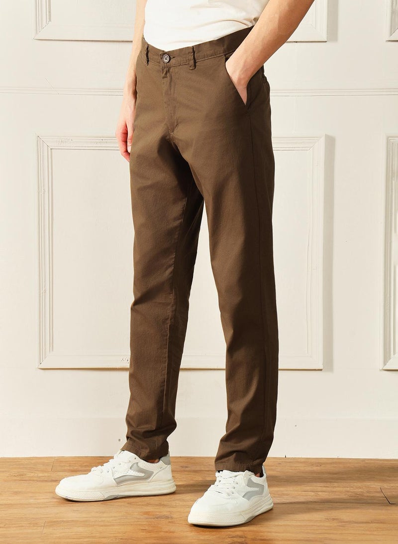 Dennis Lingo Men's Dark Khaki 100% Cotton Solid Pattern Full Length Chinos Slim Fit Trouser  - Image 3