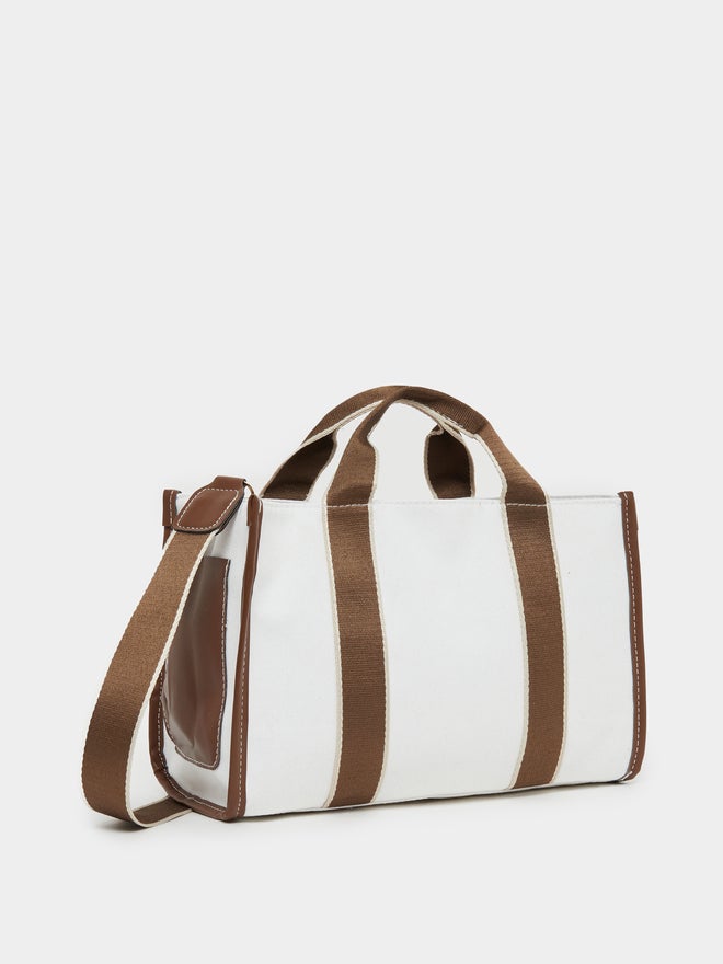 Styli Contrast Trim Double Top Handbag with Removable Shoulder Strap - Image 1