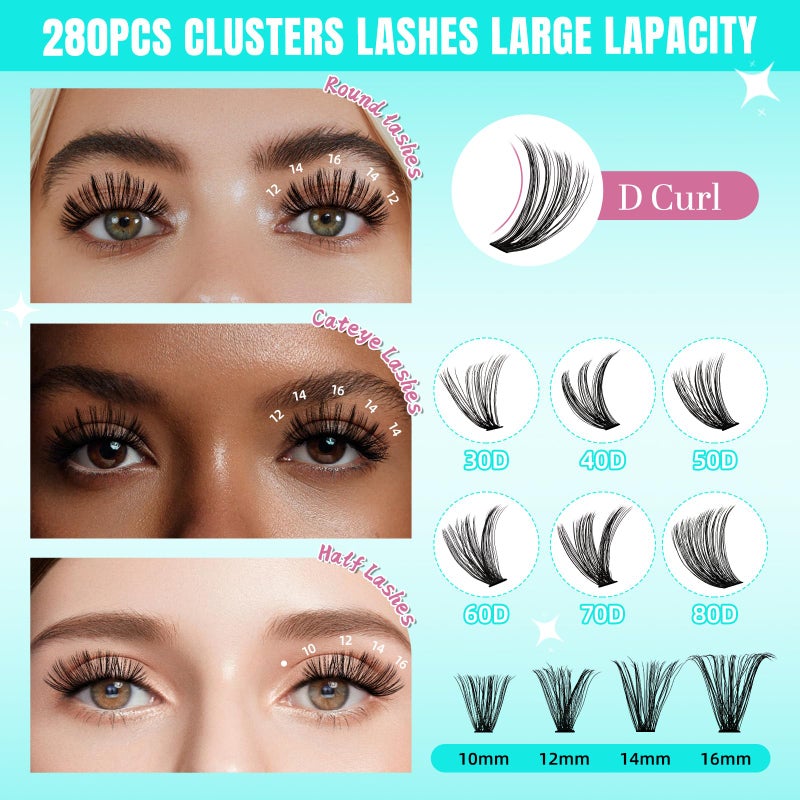 AMZGIRL LASH Lash Clusters Wispy 280PCS Eyelash Extension 60D Cluster Lashes Individual Lashes DIY Lash Extension Natural Look Cluster Eyelash Extensions Soft False Eyelashes at Home for Beginners(12mm) - Image 3