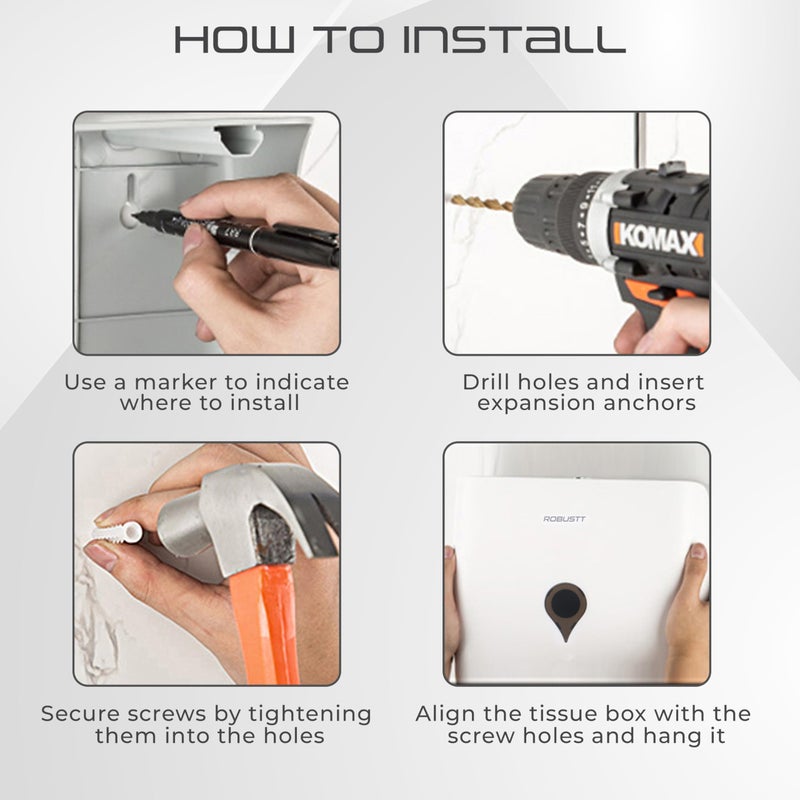 Robustt Wall-Mounted Jumbo Role Hand Tissue Dispenser - White (with 4 Adhesive Hooks) | Durable ABS Material | Space-Saving Design | Water-Resistant | Key Locking System (Pack of 1) - Image 3