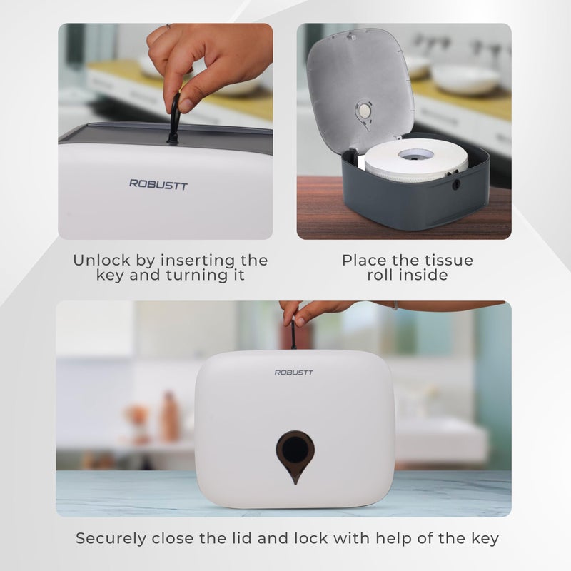 Robustt Wall-Mounted Jumbo Role Hand Tissue Dispenser - White (with 4 Adhesive Hooks) | Durable ABS Material | Space-Saving Design | Water-Resistant | Key Locking System (Pack of 1) - Image 4