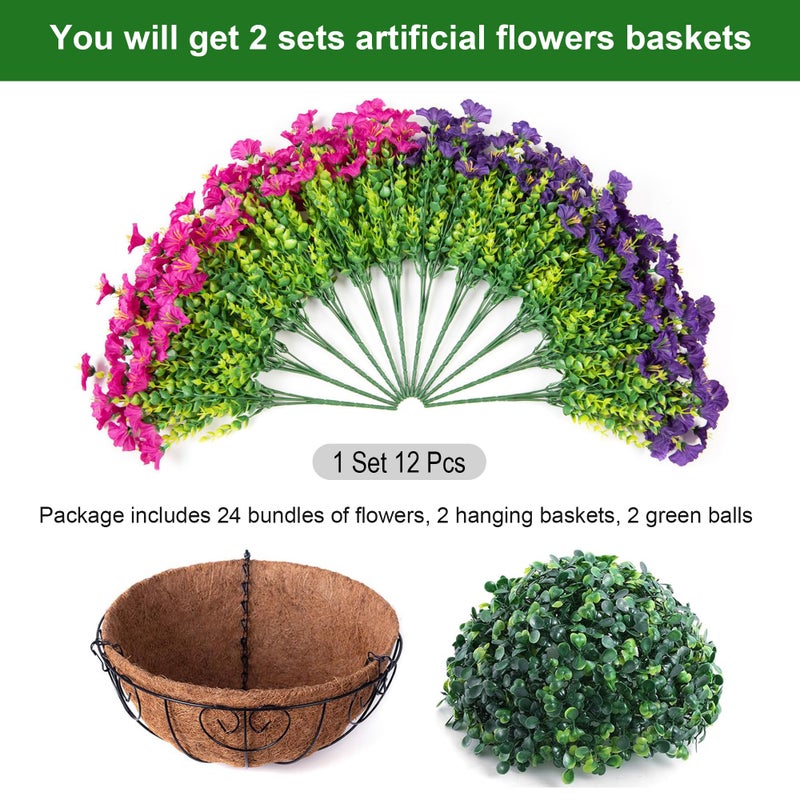 Ivydale 2 Set Artificial Flowers Hanging Baskets for Outdoors Fake Spring Plants, 24 Pcs UV Resistant Faux Silk Morning Glory with 2 Hanging Planters Look Real for Outside Porch Patio Outdoor Decor - Image 2