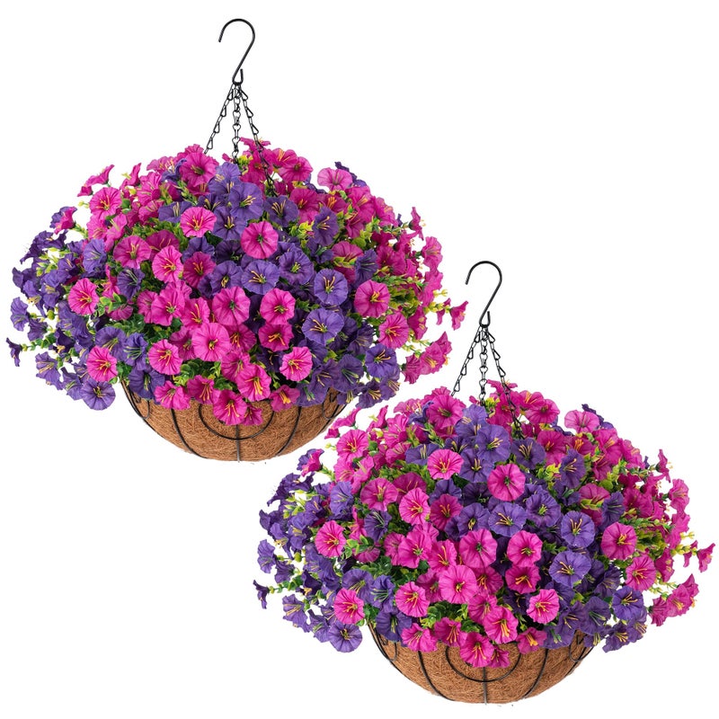 Ivydale 2 Set Artificial Flowers Hanging Baskets for Outdoors Fake Spring Plants, 24 Pcs UV Resistant Faux Silk Morning Glory with 2 Hanging Planters Look Real for Outside Porch Patio Outdoor Decor - Image 1