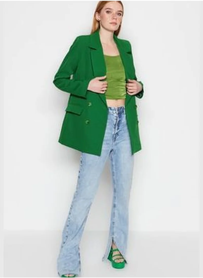 trendyol Dark Green Oversize Lined Double Breasted Closure Woven Blazer Jacket TWOAW20CE0130