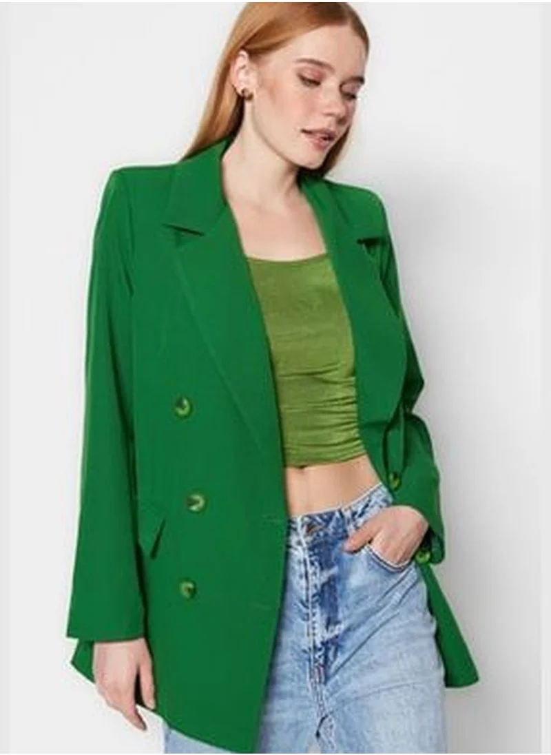 trendyol Dark Green Oversize Lined Double Breasted Closure Woven Blazer Jacket TWOAW20CE0130