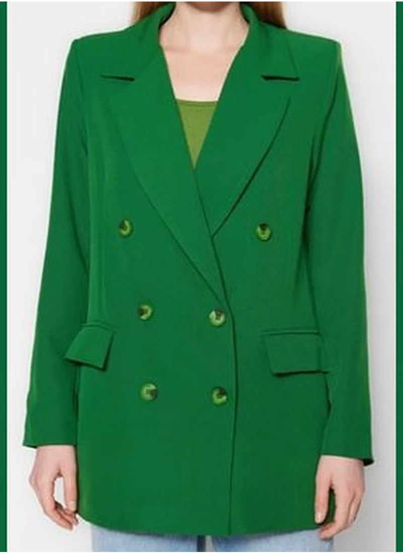 trendyol Dark Green Oversize Lined Double Breasted Closure Woven Blazer Jacket TWOAW20CE0130