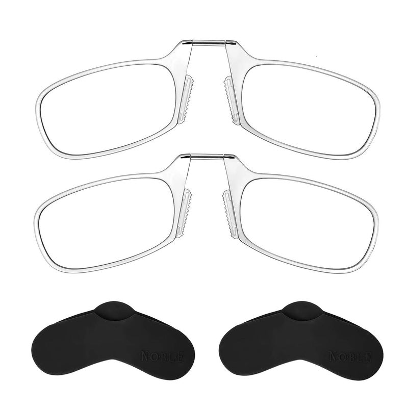 Noble Ultra Slim and Flat Reading Glasses Thin and Flexible Armless 2 Pairs Enhanced Comfort Nose Rest Armless Pocket Size Readers with 2 Stickon Silicone Case Holder Clear 200