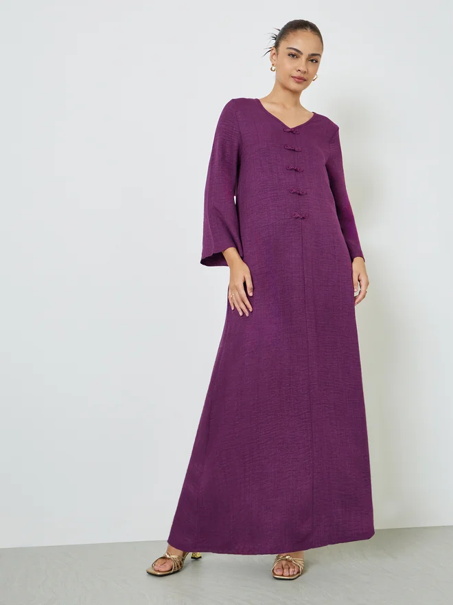 Styli Styli Maroon V Neck Jalabiya with Decorative Buttons