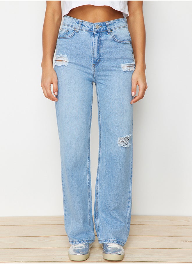 trendyol Light Blue Ripped High Waist Wide Leg Jeans TWOAW23JE00140  - Image 5