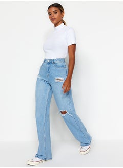 trendyol Light Blue Ripped High Waist Wide Leg Jeans TWOAW23JE00140  - Image 2